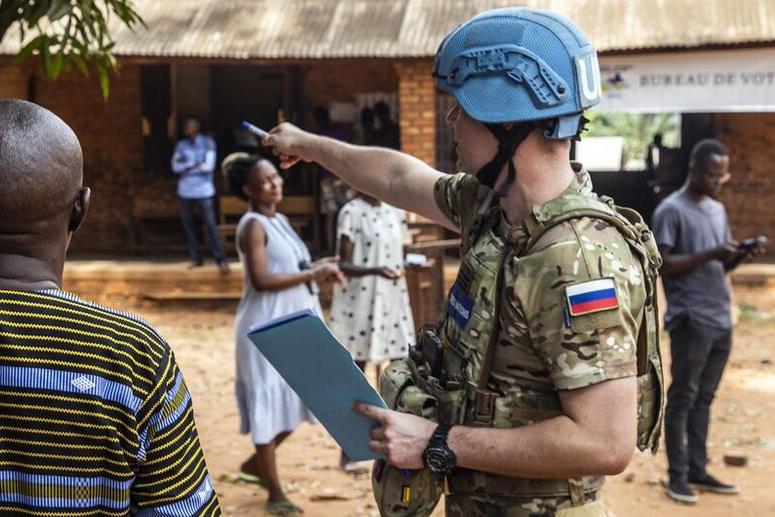 Peacekeepers on patrol at a polling centre in the capital Bangui during the elections